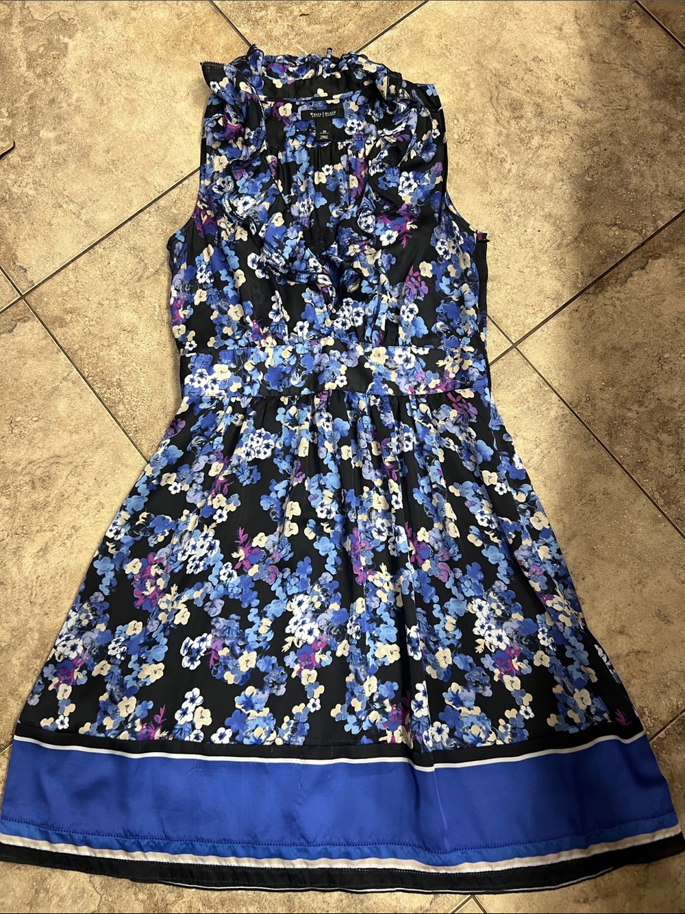 White House Black Market Black Floral Ruffle V-Neck Dress with Blue Border